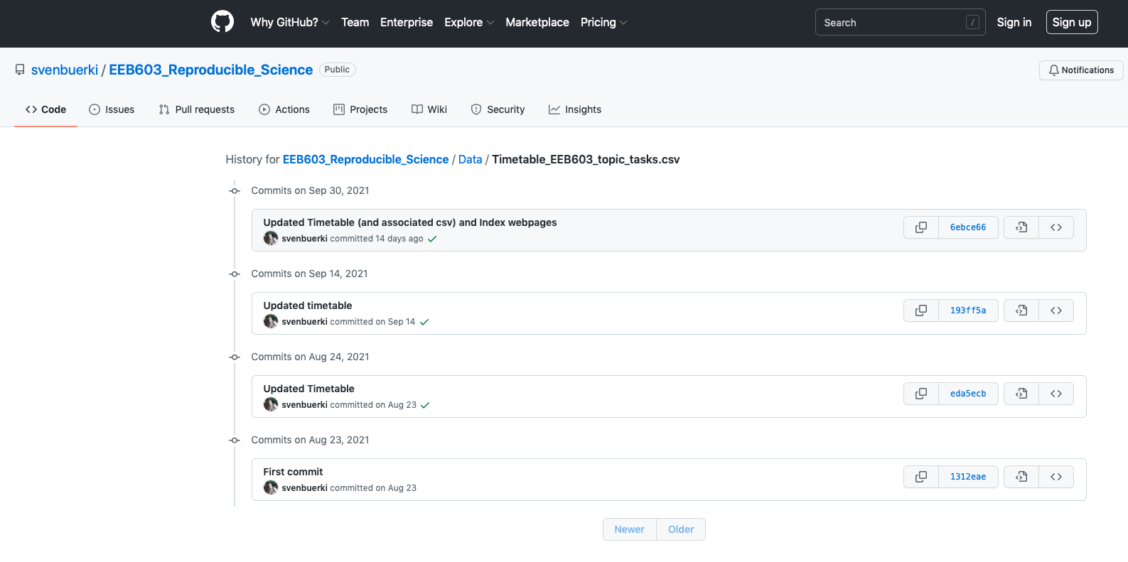 Page showing commit history associated to Timetable_EEB603_topic_tasks.csv.