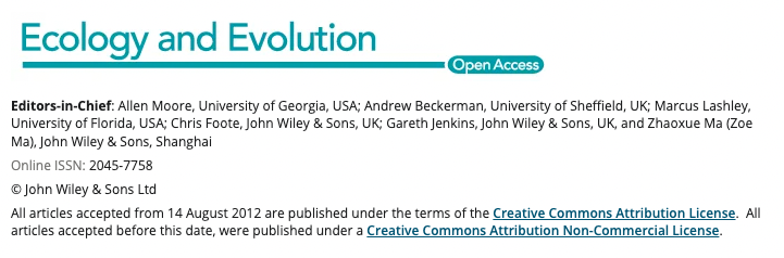 Front page of Ecology and Evolution, an open access journal publishing articles under the Creative Common licensing system.