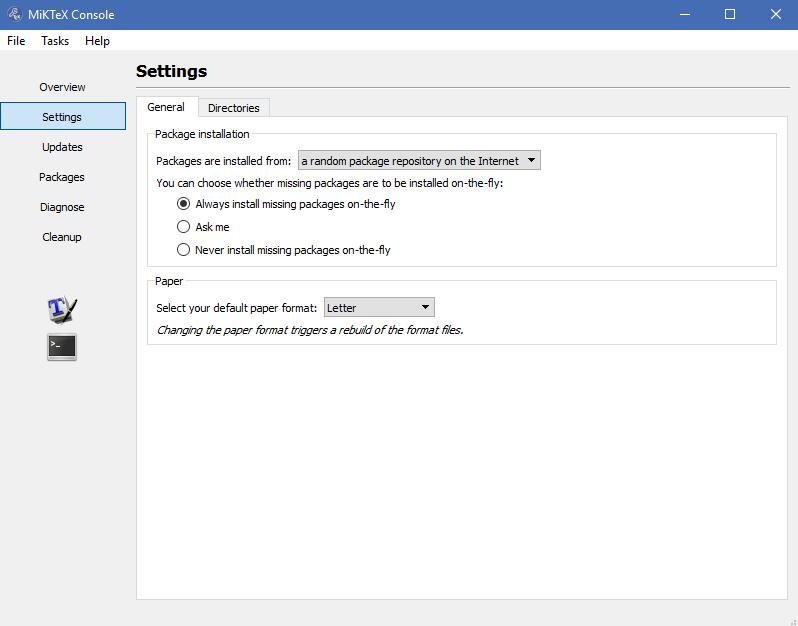 Snapshot of the MikTex Console showing the procedure to always install packages on-the-fly.