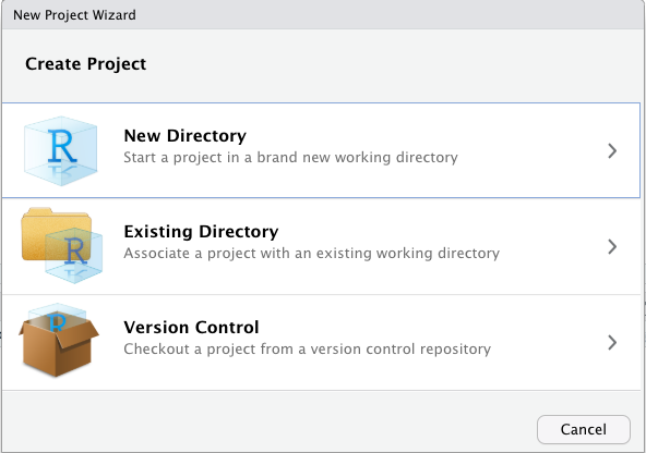 Window allowing you to create a New RStudio project. See text for more details.