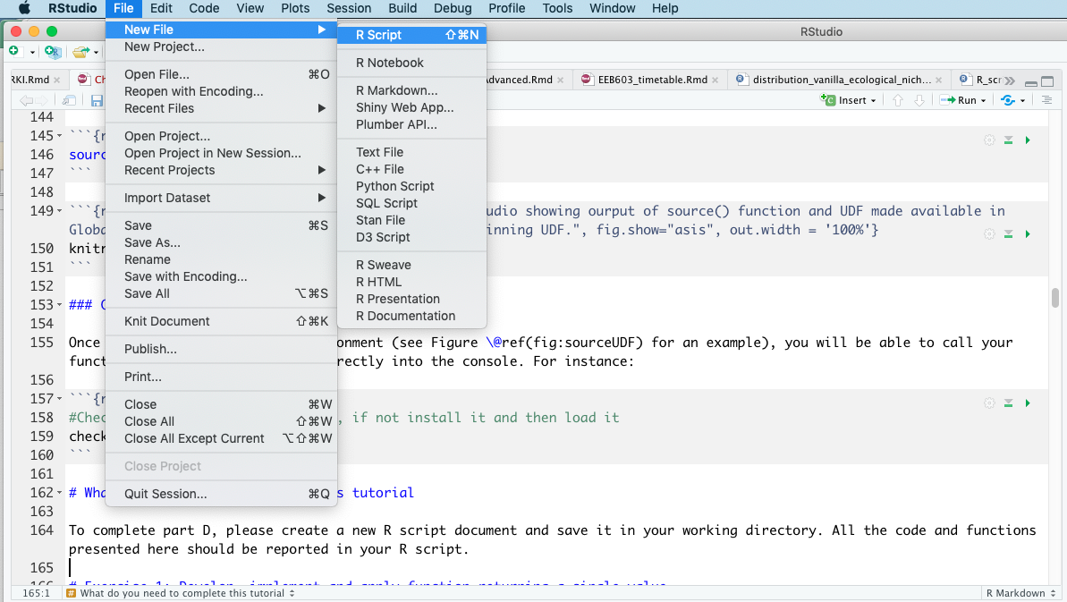 Snapshot of RStudio showing procedure to create a new R script document.
