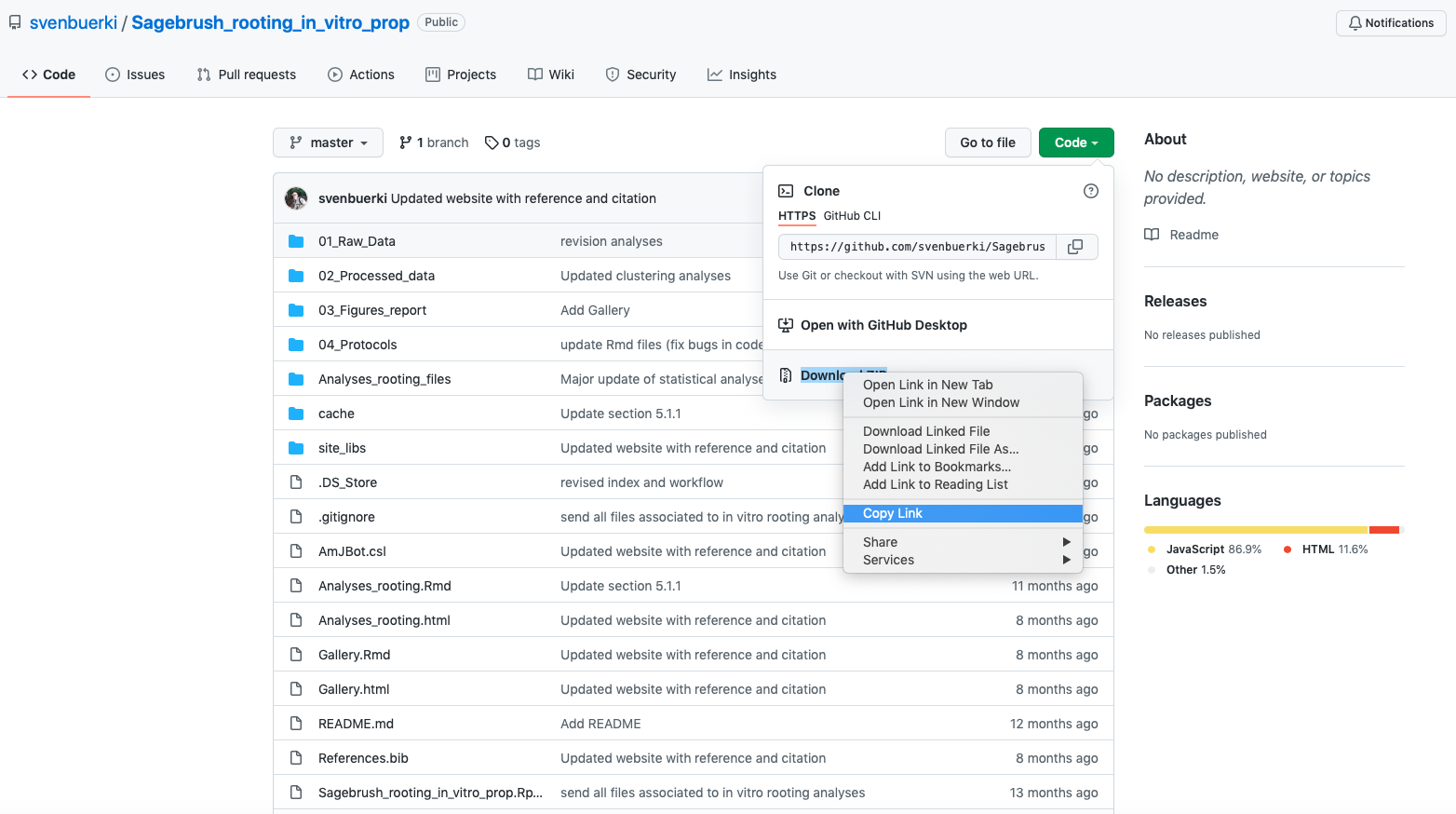 GitHub repository page for Sagebrush_rooting_in_vitro_prop.