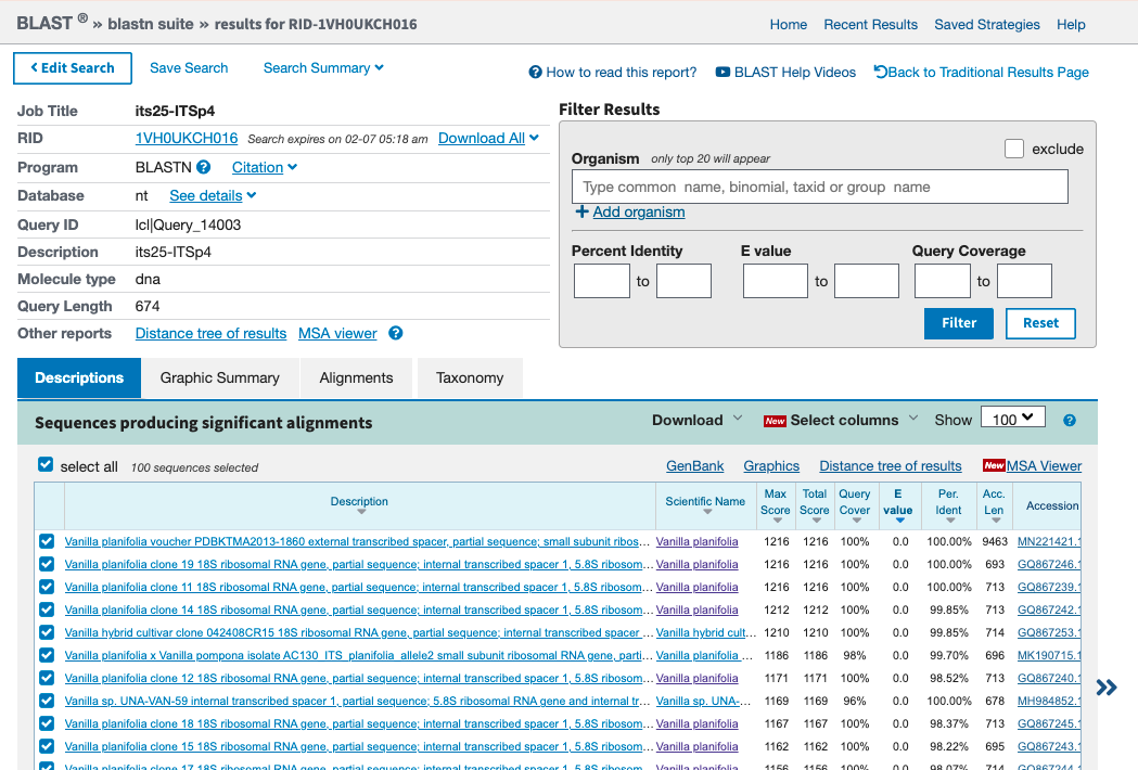 Screenshot of BLAST search based on its25-ITSp4. Note that top hits are ITS sequences of Vanilla species.