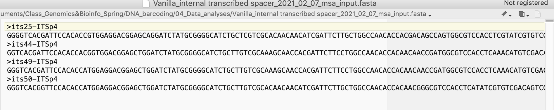 Screenshot of merged FASTA file used as input for msa analysis.