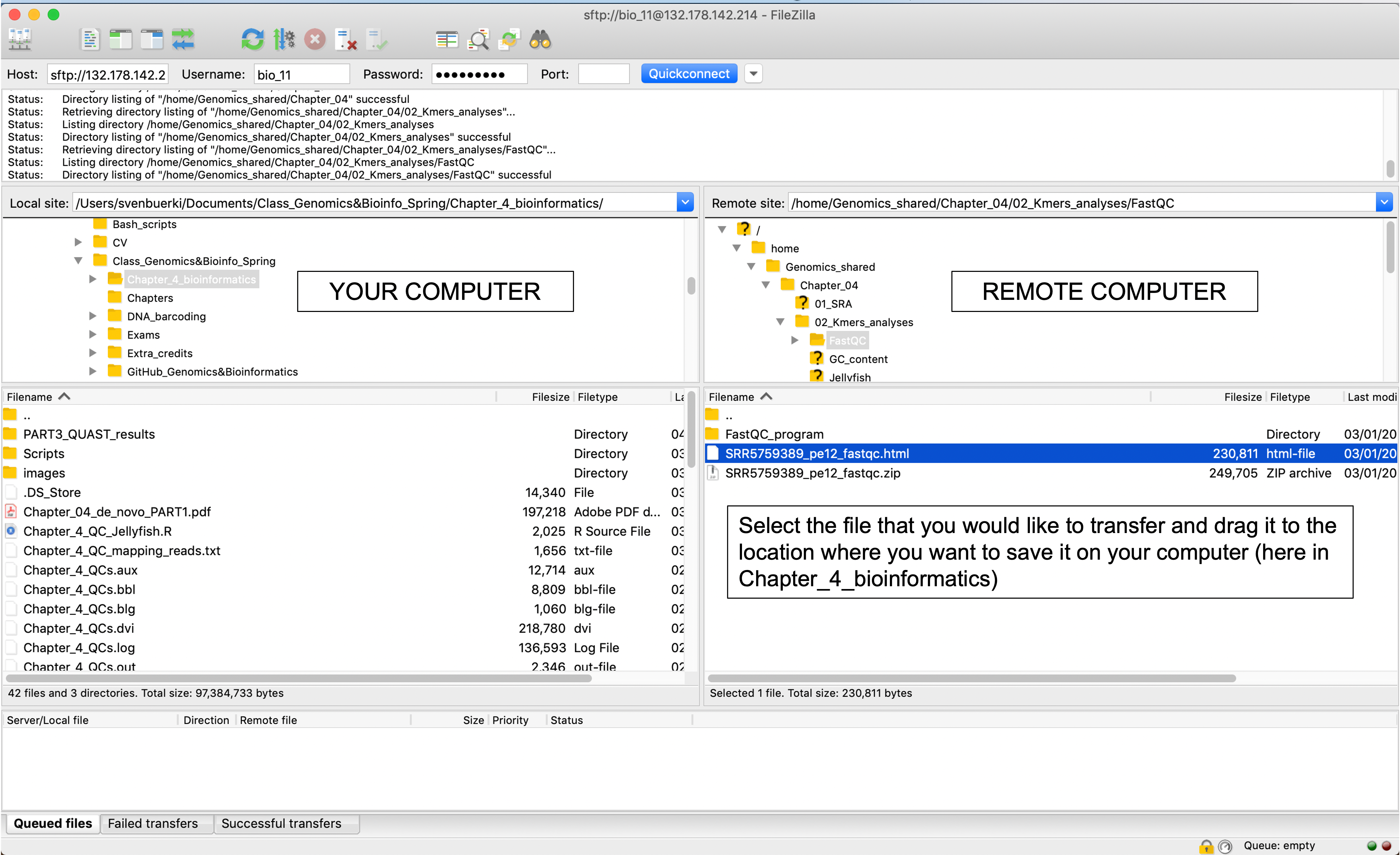 Snapshot of FileZilla program used to transfer files between computers.