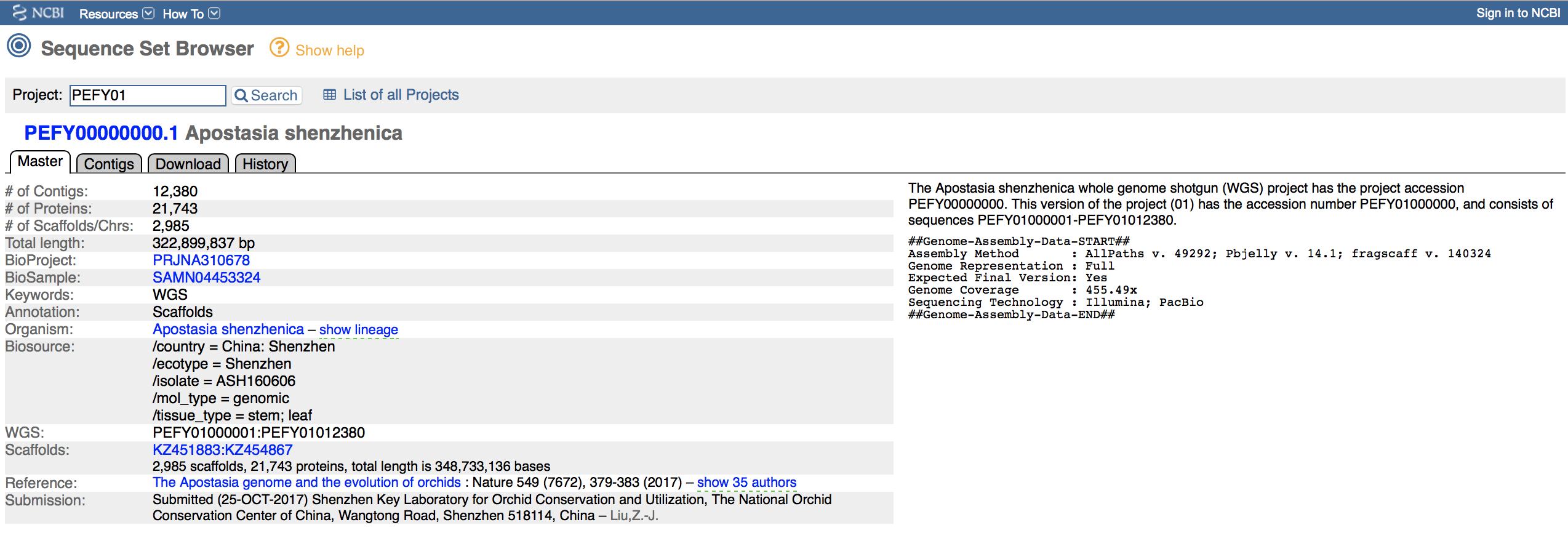 Screen shot of the NCBI website showing details about the accession containing the nuclear genome assembly of *Apostasia shenzhenica* under the accession PEFY01.