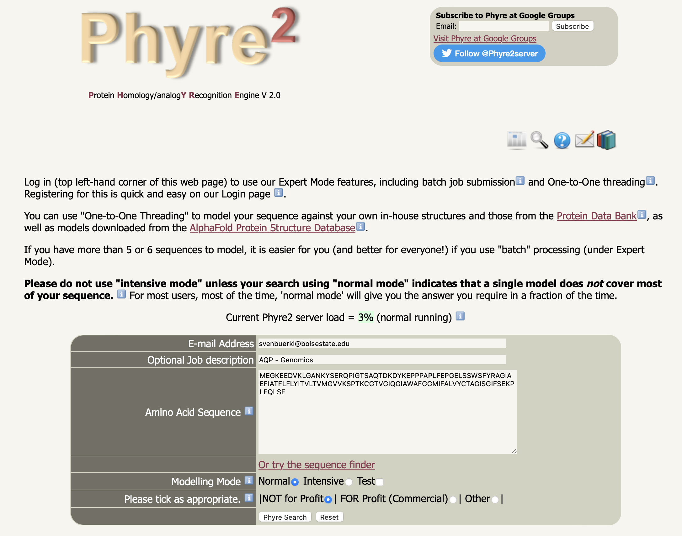 Snapshot of Phyre2 website used to model 3D structure of protein and predict its function.