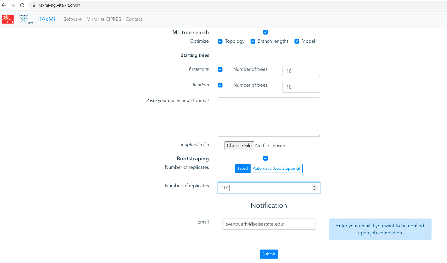 Screenshot showing Bootstrapping settings for the RAxML analysis.