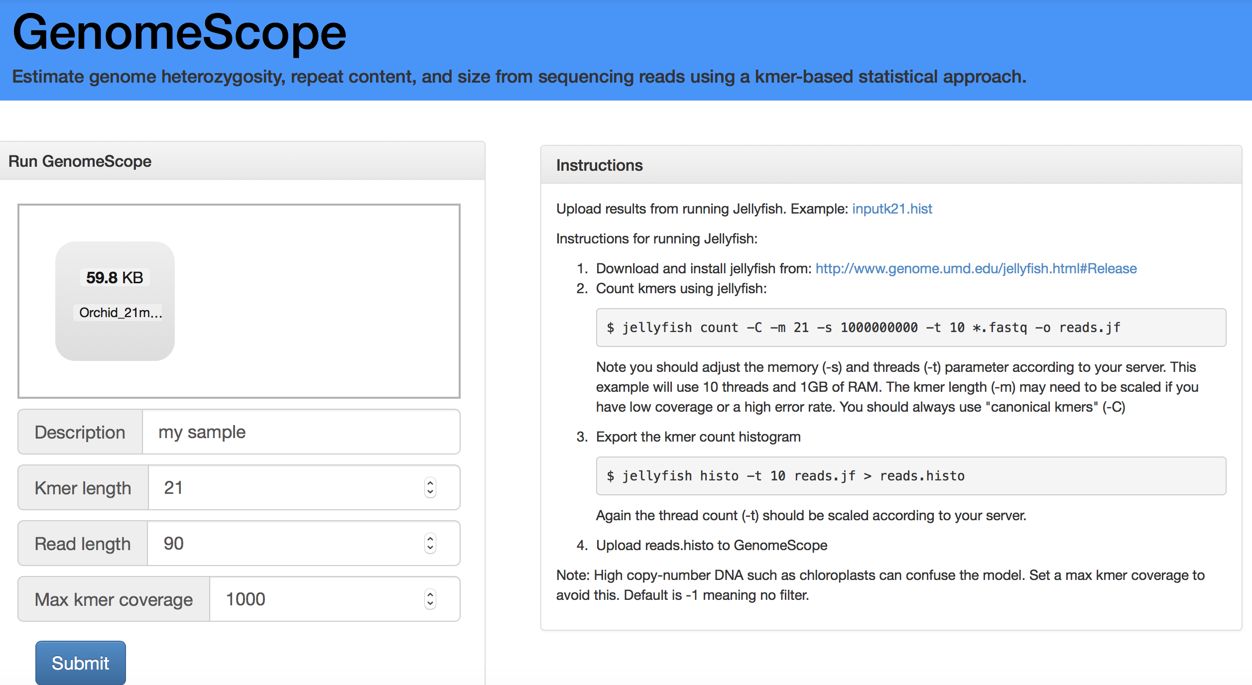 Screen shot of the GenomeScope portal to help you setting your analysis.