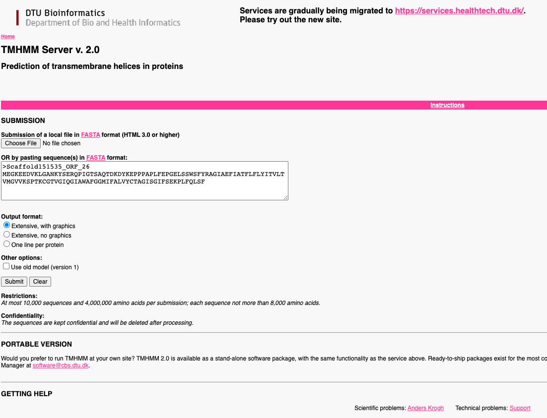Snapshot of TMHMM website showing how to submit job.