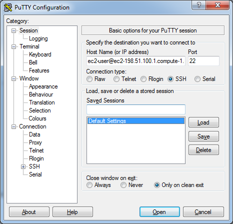 Screenshot of Putty Configuration window to establish ssh connection.