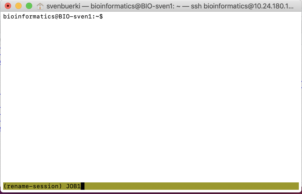 Screenshot of Terminal showing procedure to rename a tmux session (here JOB1).