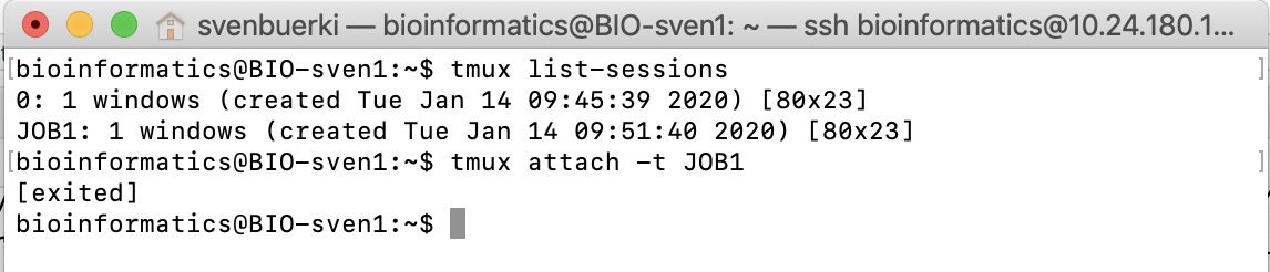 Screenshot of Terminal showing tmux command to access a specific session (here JOB1) and the result after terminating the session (using the exit command).